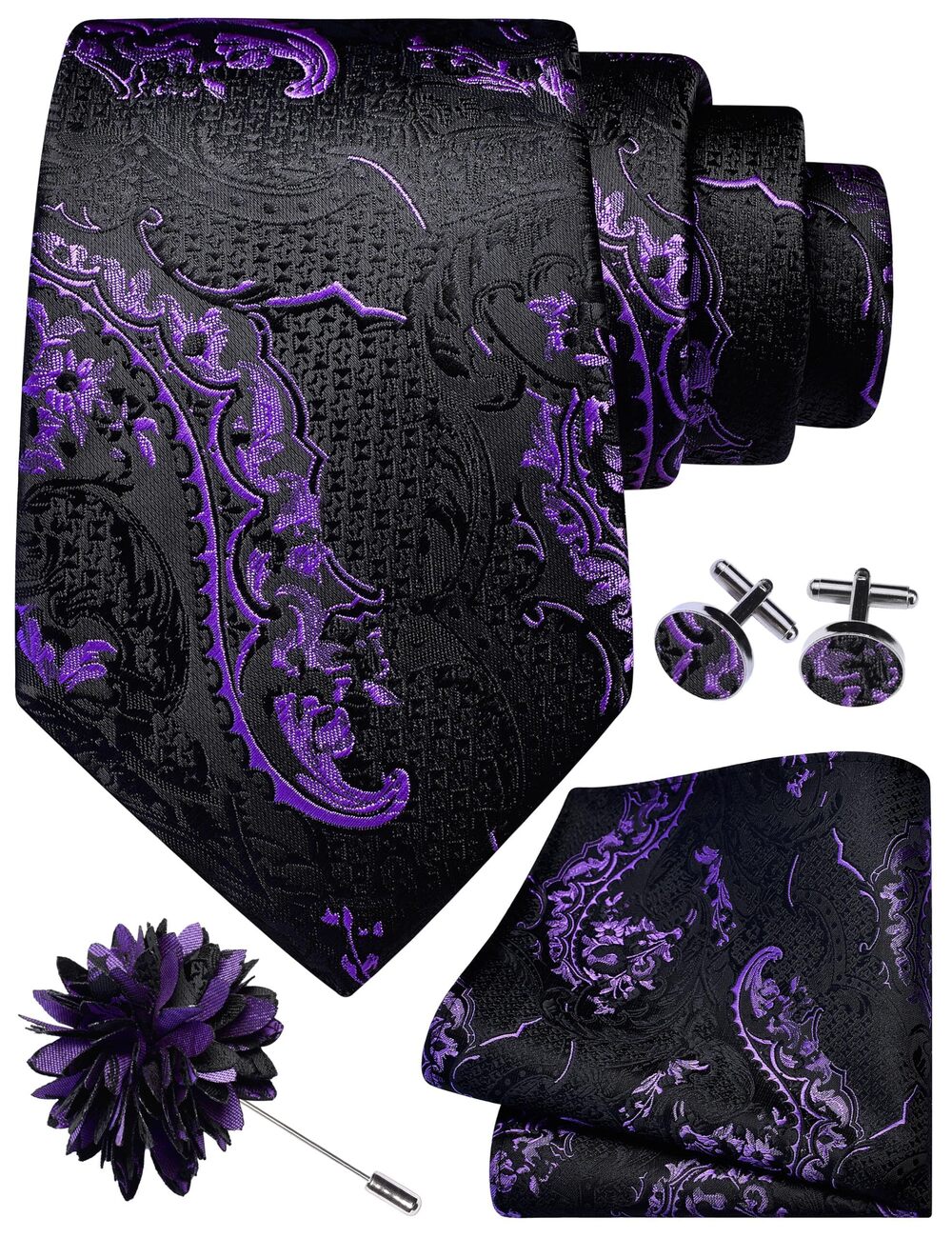 3009 Black Lavender Tie Set Silk Paisley Purple Necktie Pocket Square